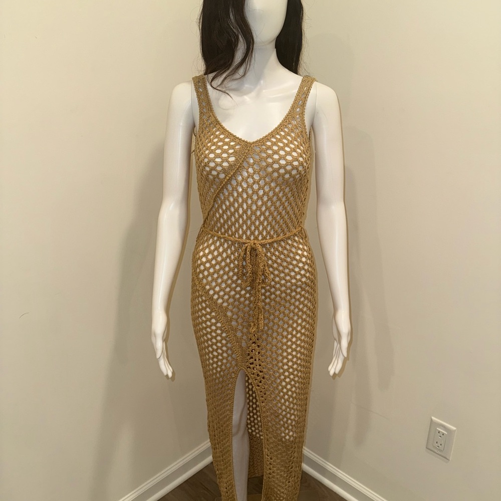 Fashion Nova Tan Crochet Maxi Dress